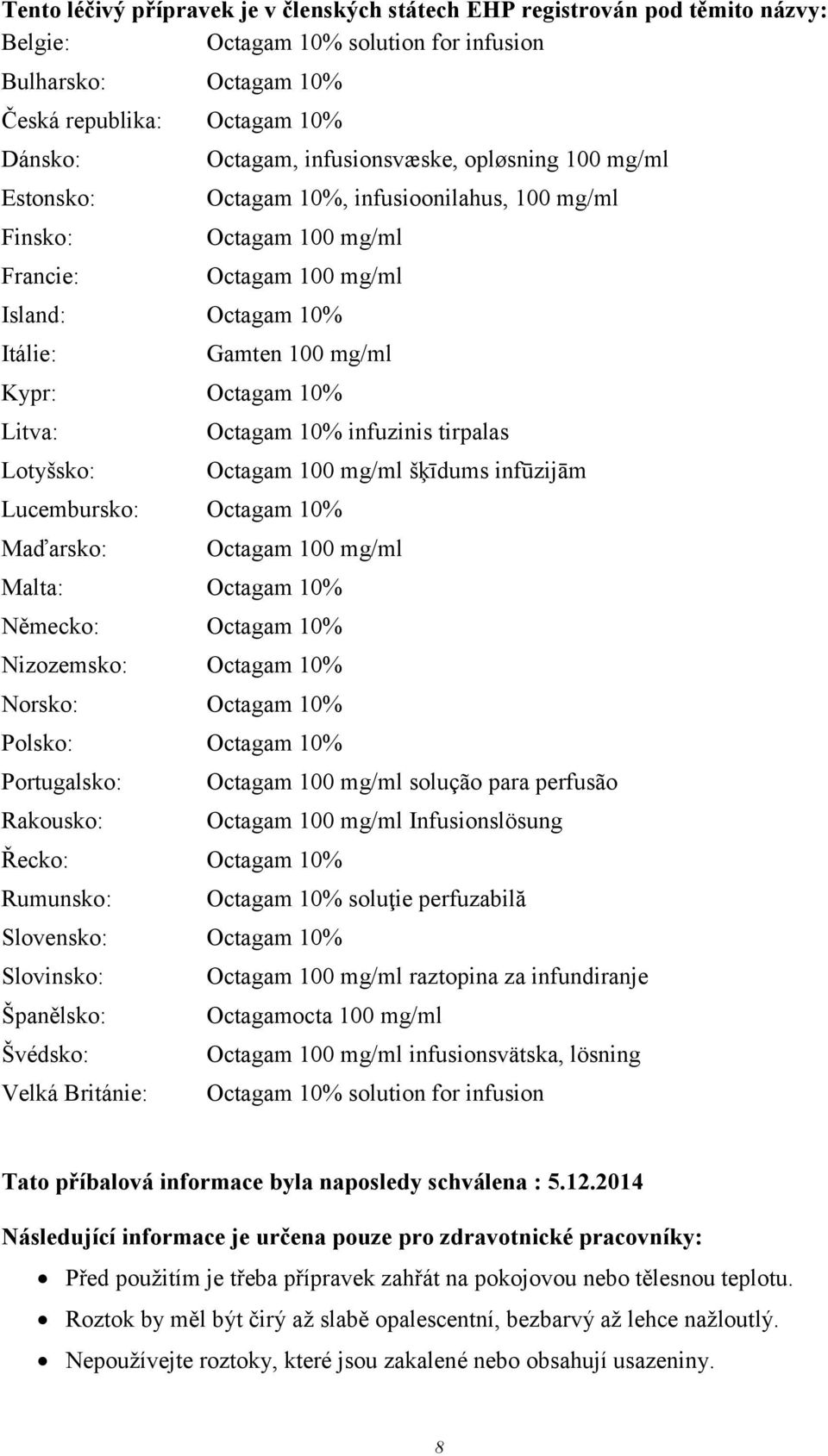 Lotyšsko: Lucembursko: Octagam 10% Maďarsko: Octagam 10% infuzinis tirpalas Octagam 100 mg/ml šķīdums infūzijām Octagam 100 mg/ml Malta: Octagam 10% Německo: Octagam 10% Nizozemsko: Octagam 10%