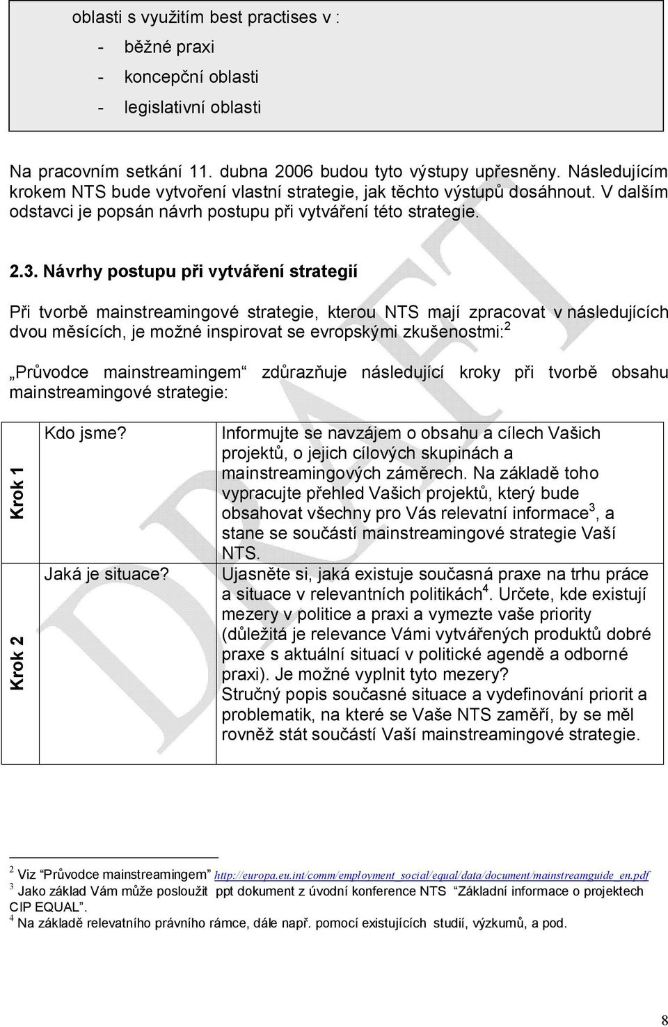 Návrhy postupu při vytváření strategií Při tvorbě mainstreamingové strategie, kterou NTS mají zpracovat v následujících dvou měsících, je možné inspirovat se evropskými zkušenostmi: 2 Průvodce