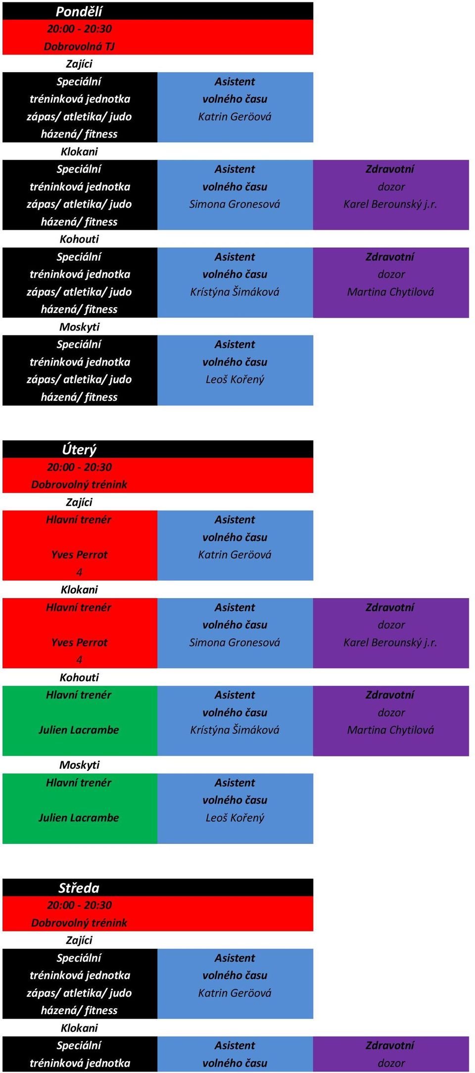 tréninková jednotka zápas/ atletika/ judo Úterý Dobrovolný trénink 4 Zdravotní dozor Simona Gronesová Karel Berounský j.r. 4 Zdravotní dozor