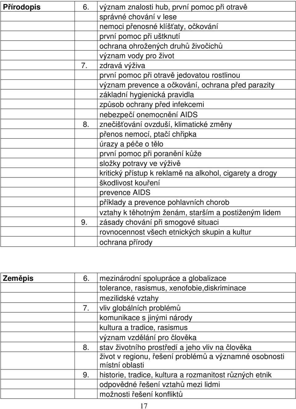 znečišťování ovzduší, klimatické změny přenos nemocí, ptačí chřipka úrazy a péče o tělo první pomoc při poranění kůže složky potravy ve výživě kritický přístup k reklamě na alkohol, cigarety a drogy