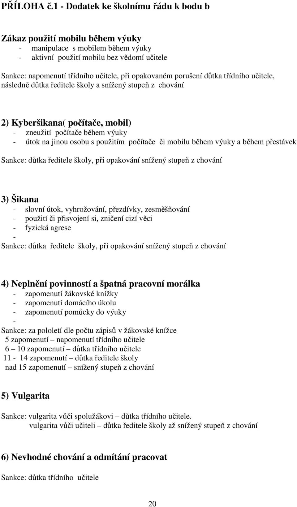 opakovaném porušení důtka třídního učitele, následně důtka ředitele školy a snížený stupeň z chování 2) Kyberšikana( počítače, mobil) - zneužití počítače během výuky - útok na jinou osobu s použitím