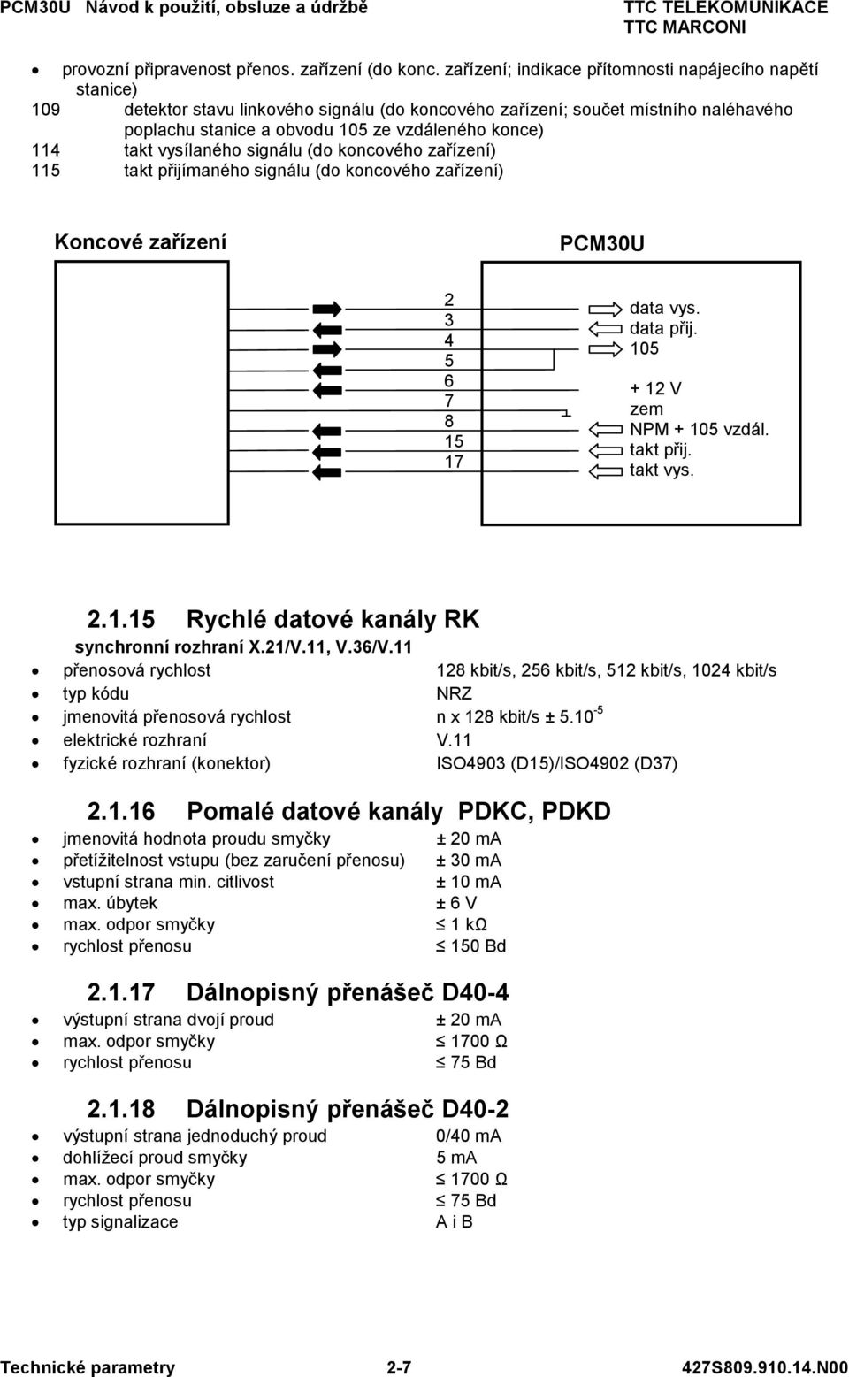 takt vysílaného signálu (do koncového zařízení) 5 takt přijímaného signálu (do koncového zařízení) Koncové zařízení PCM30U 2 3 4 5 7 8 5 7 data vys. data přij. 05 + 2 V zem NPM + 05 vzdál. takt přij. takt vys.