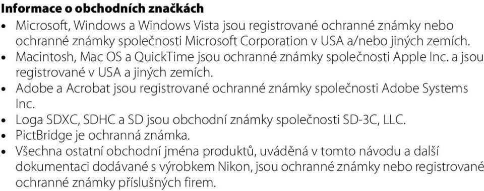 Adobe a Acrobat jsou registrované ochranné známky společnosti Adobe Systems Inc. Loga SDXC, SDHC a SD jsou obchodní známky společnosti SD-3C, LLC.