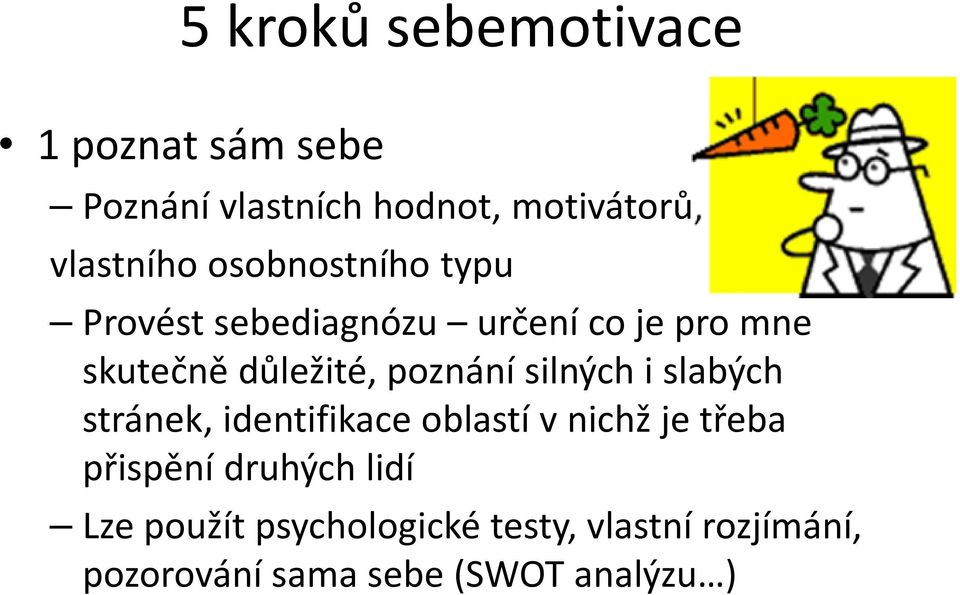 silných i slabých stránek, identifikace oblastí v nichž je třeba přispění druhých lidí