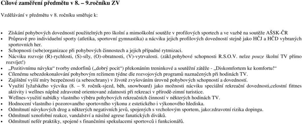 sportovní gymnastika) a nácviku jejich profilových dovedností stejně jako HČJ a HČD vybraných sportovních her. Schopnosti (sebe)organizace při pohybových činnostech a jejich případné rytmizaci.