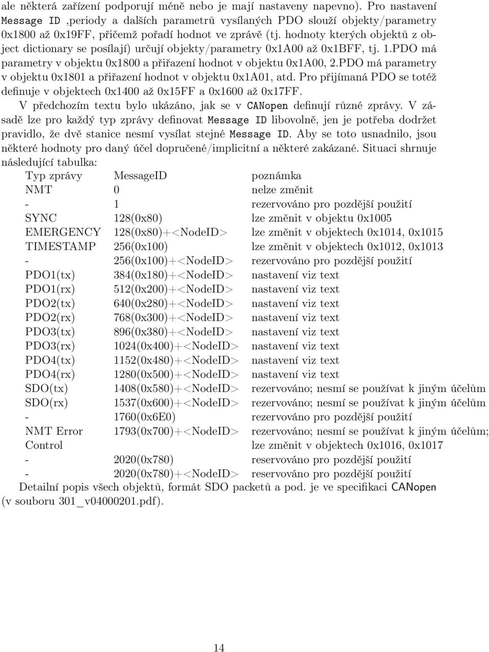 hodnoty kterých objektů z object dictionary se posílají) určují objekty/parametry 0x1A00 až 0x1BFF, tj. 1.PDO má parametry v objektu 0x1800 a přiřazení hodnot v objektu 0x1A00, 2.