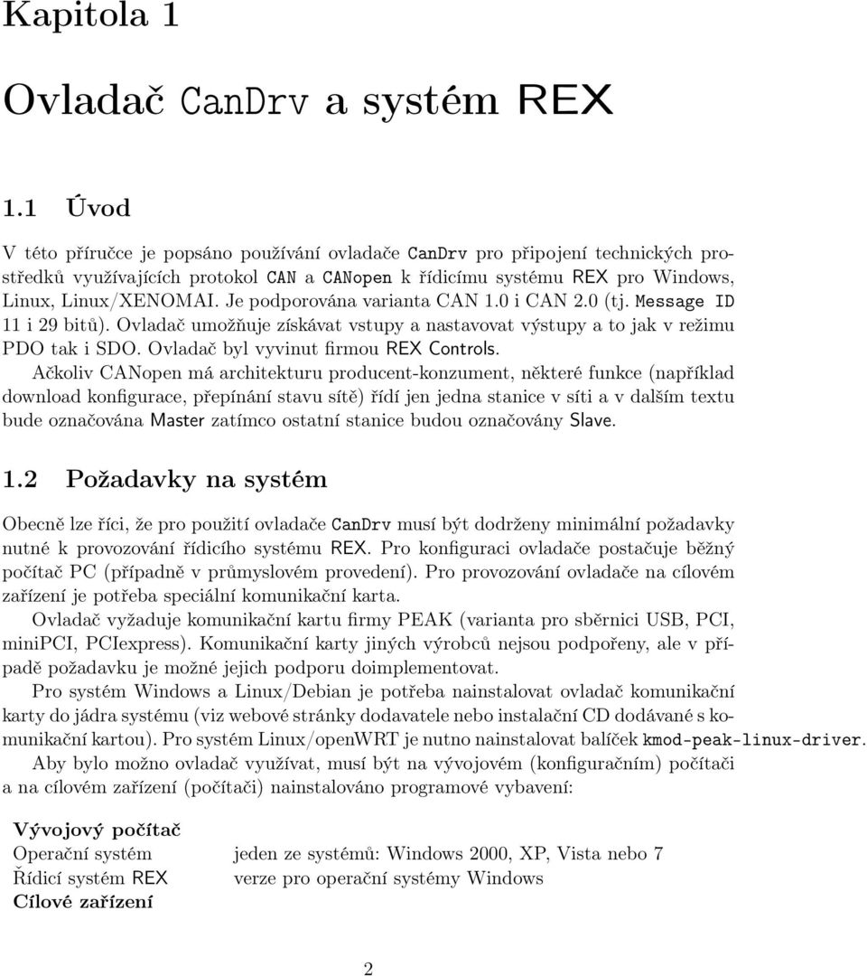 Je podporována varianta CAN 1.0 i CAN 2.0 (tj. Message ID 11 i 29 bitů). Ovladač umožňuje získávat vstupy a nastavovat výstupy a to jak v režimu PDO tak i SDO. Ovladač byl vyvinut firmou REX Controls.