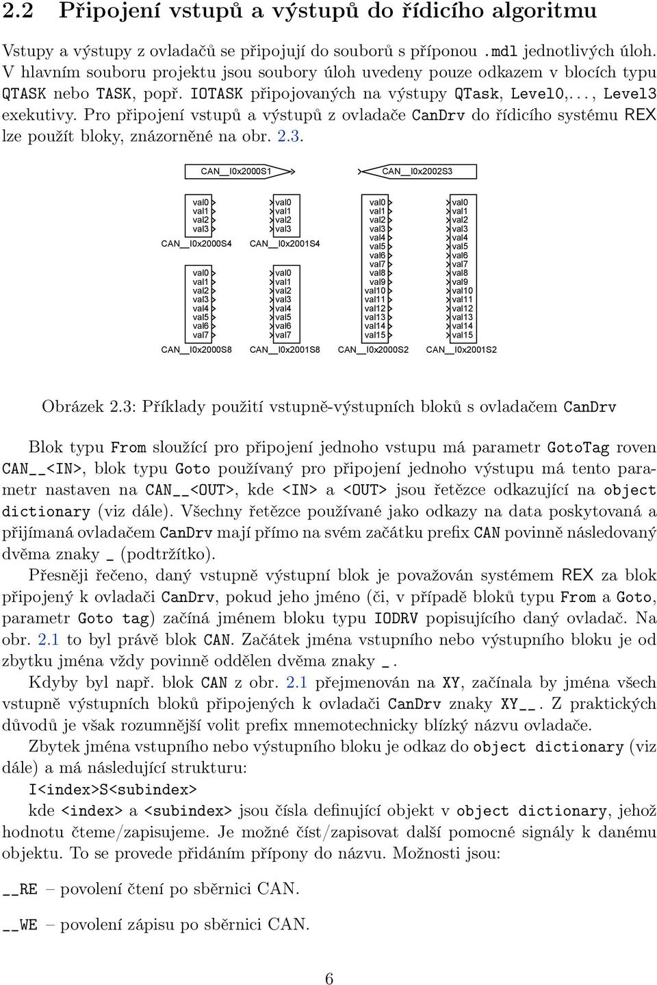 Pro připojení vstupů a výstupů z ovladače CanDrv do řídicího systému REX lze použít bloky, znázorněné na obr. 2.3.