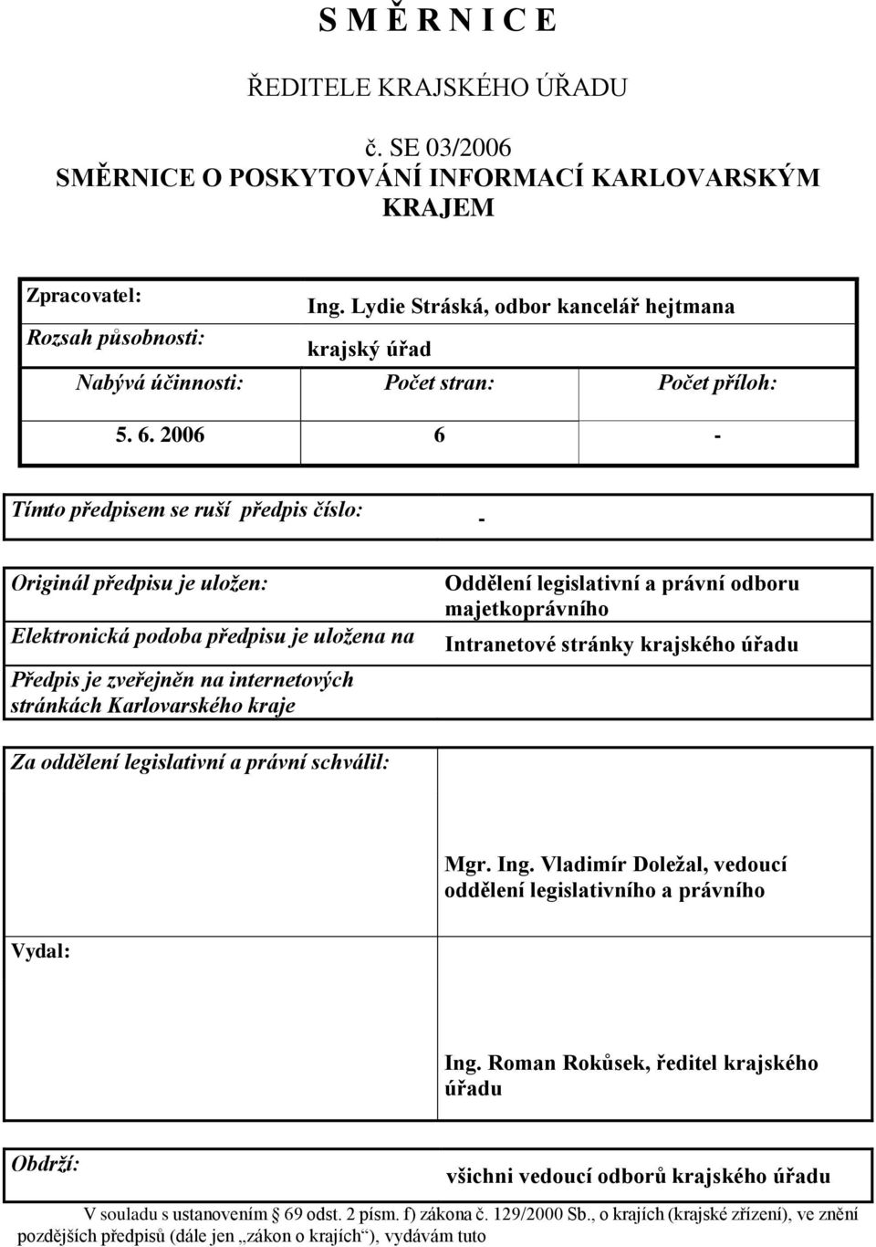 2006 6 - Tímto předpisem se ruší předpis číslo: - Originál předpisu je uložen: Elektronická podoba předpisu je uložena na Předpis je zveřejněn na internetových stránkách Karlovarského kraje Oddělení
