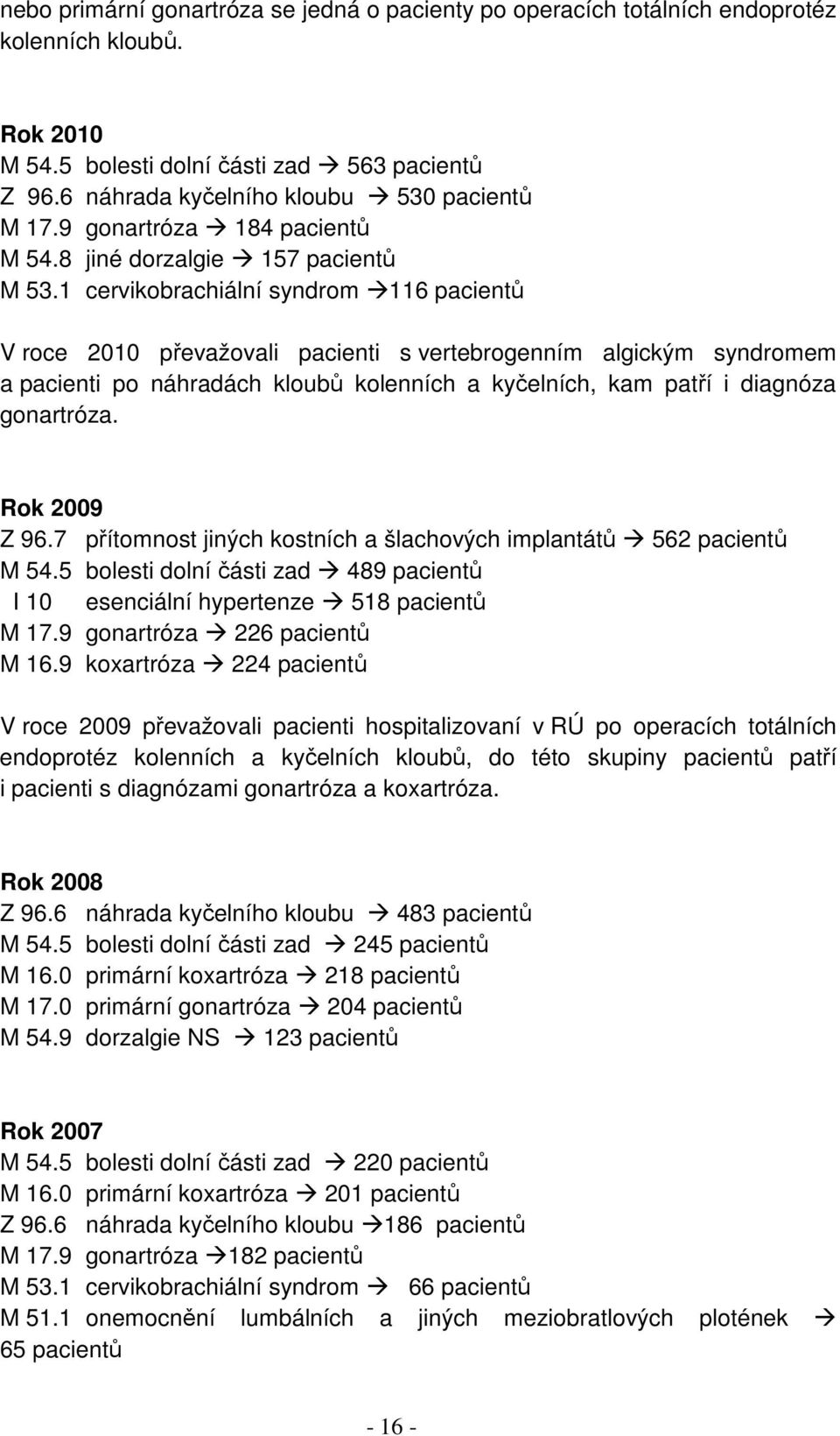 1 cervikobrachiální syndrom 116 pacientů V roce 2010 převažovali pacienti s vertebrogenním algickým syndromem a pacienti po náhradách kloubů kolenních a kyčelních, kam patří i diagnóza gonartróza.