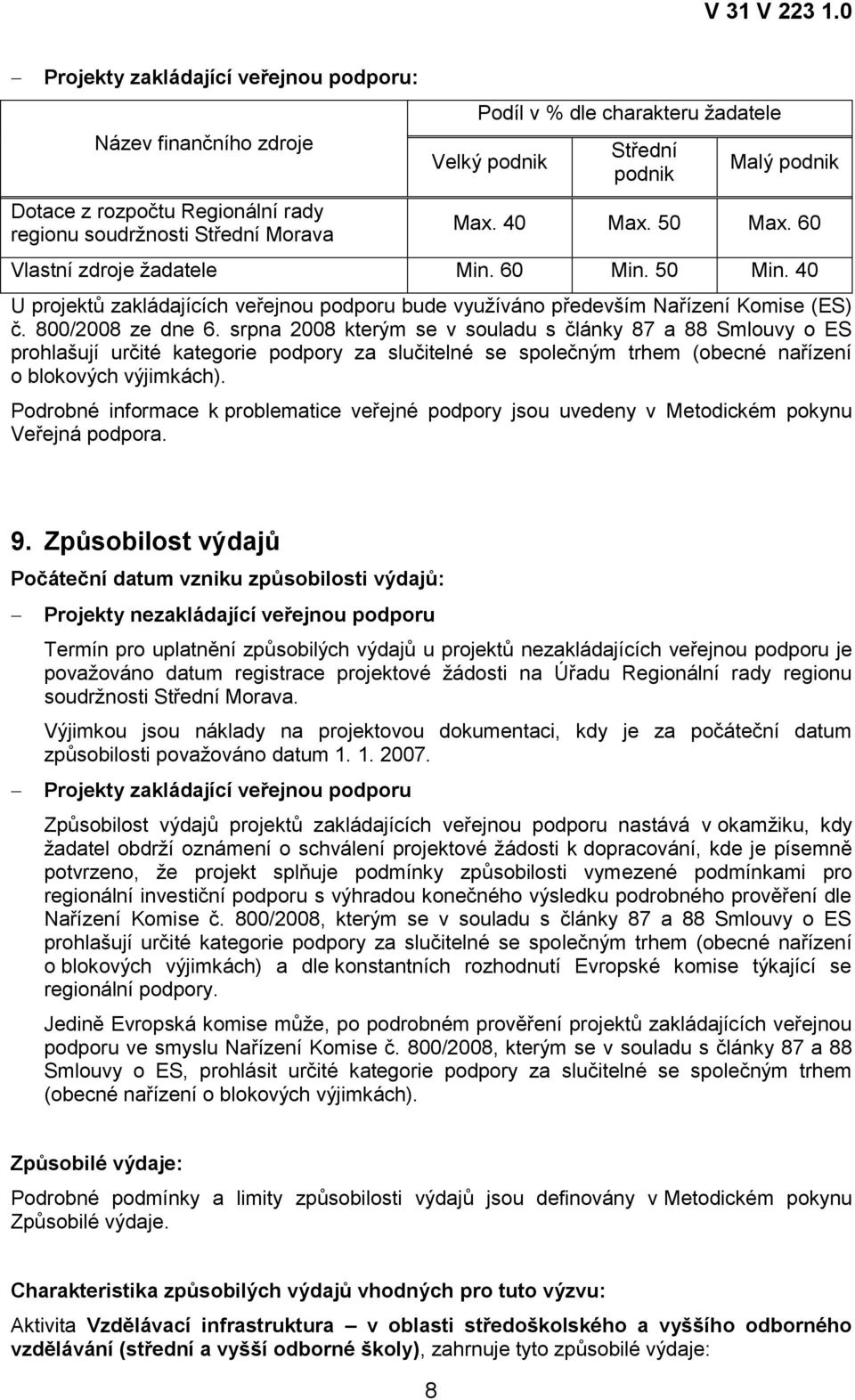 srpna 2008 kterým se v souladu s články 87 a 88 Smlouvy o ES prohlašují určité kategorie podpory za slučitelné se společným trhem (obecné nařízení o blokových výjimkách).