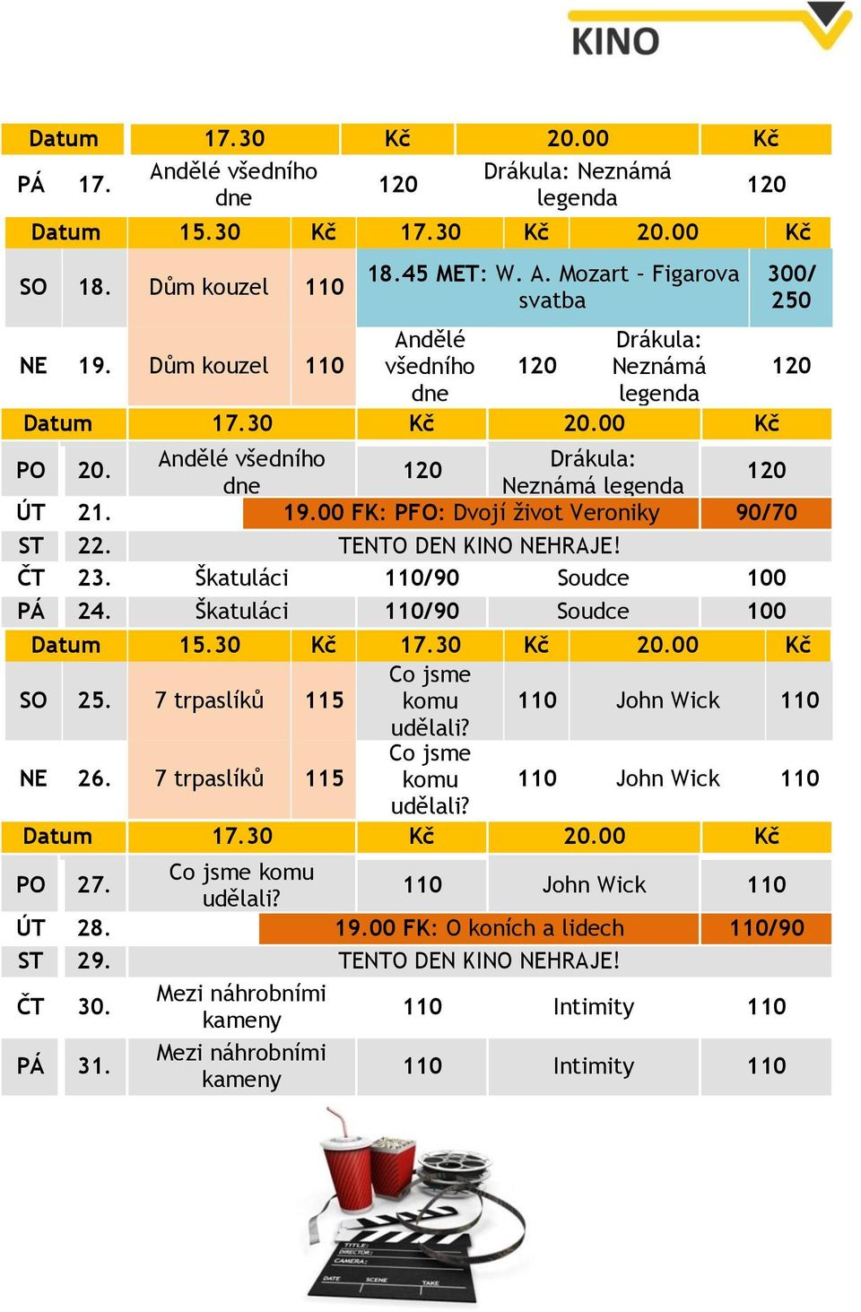 Škatuláci 110/90 Soudce 100 300/ 250 120 Datum 15.30 Kč 17.30 Kč 20.00 Kč Co jsme SO 25. 7 trpaslíků 115 komu 110 John Wick 110 udělali? NE 26. 7 trpaslíků 115 Co jsme komu 110 John Wick 110 udělali?