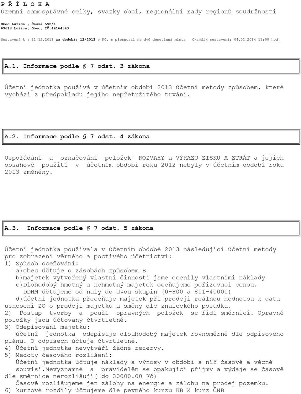 3 zákona Účetní jednotka používá v účetním období 2013 účetní metody způsobem, které vychází z předpokladu jejího nepřetržitého trvání. A.2. Informace podle 7 odst.