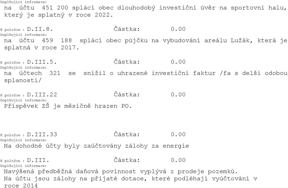 00 na účtech 321 se snížil o uhrazené investiční faktur /fa s delší odobou splanosti/ K položce : D.III.22 Částka: 0.00 Příspěvek ZŠ je měsíčně hrazen PO.