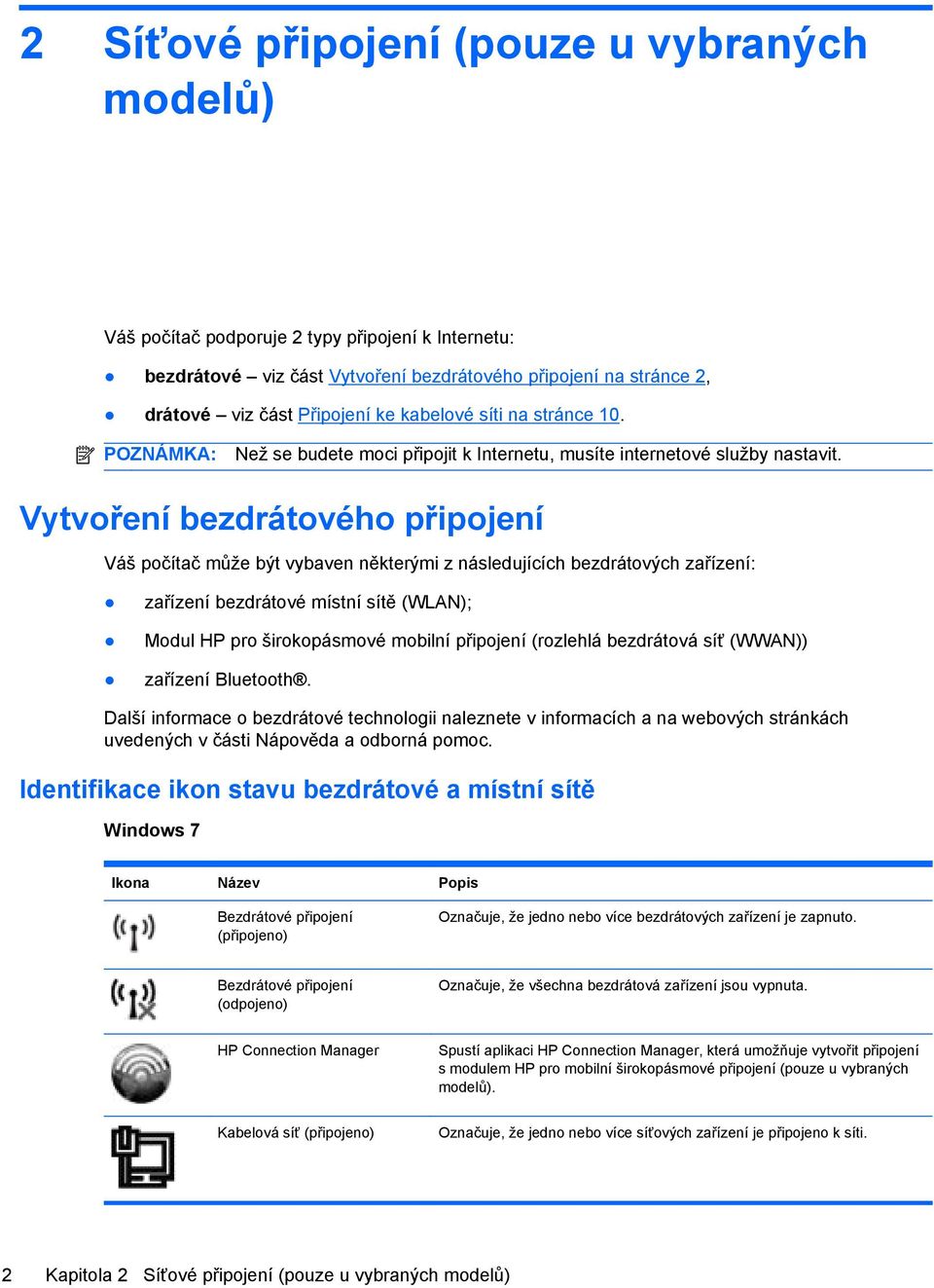 Vytvoření bezdrátového připojení Váš počítač může být vybaven některými z následujících bezdrátových zařízení: zařízení bezdrátové místní sítě (WLAN); Modul HP pro širokopásmové mobilní připojení