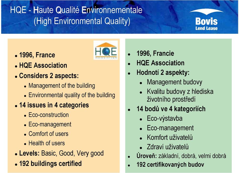 Good, Very good 92 buildings certified 996, Francie HQE Association Hodnotí 2 aspekty: Management budovy Kvalitu budovy z hlediska životního