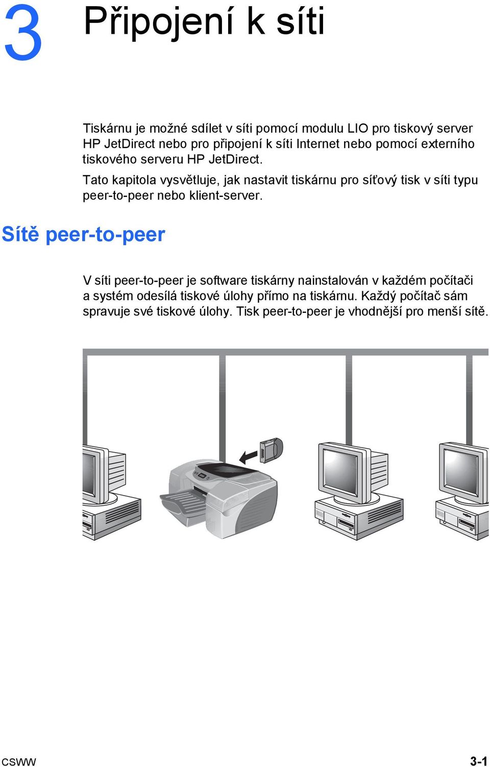 Tato kapitola vysvětluje, jak nastavit tiskárnu pro síťový tisk v síti typu peer-to-peer nebo klient-server.