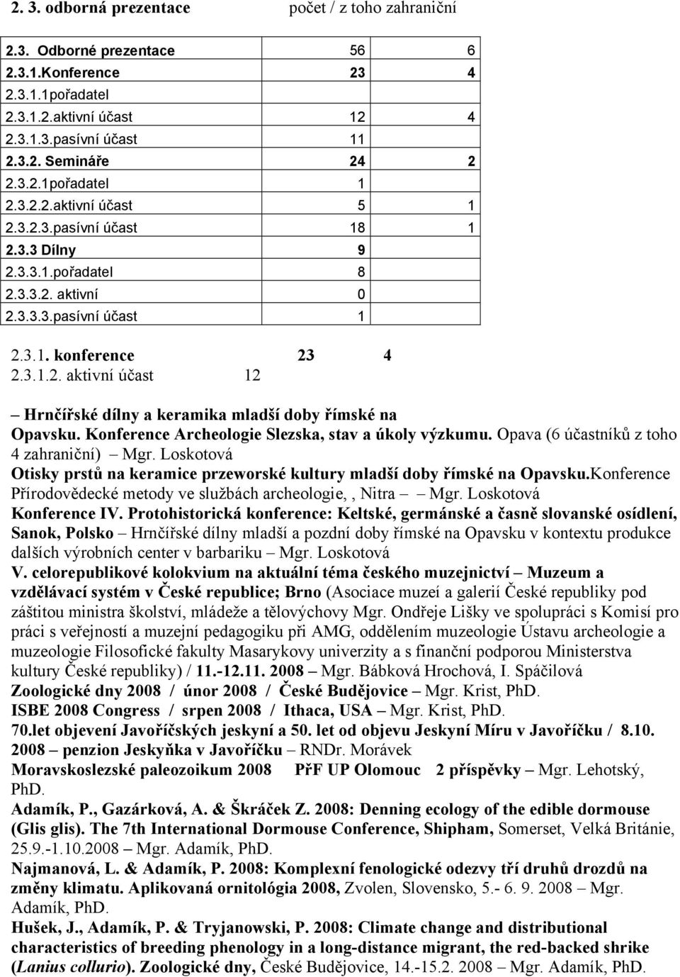 Konference Archeologie Slezska, stav a úkoly výzkumu. Opava (6 účastníků z toho 4 zahraniční) Mgr. Loskotová Otisky prstů na keramice przeworské kultury mladší doby římské na Opavsku.