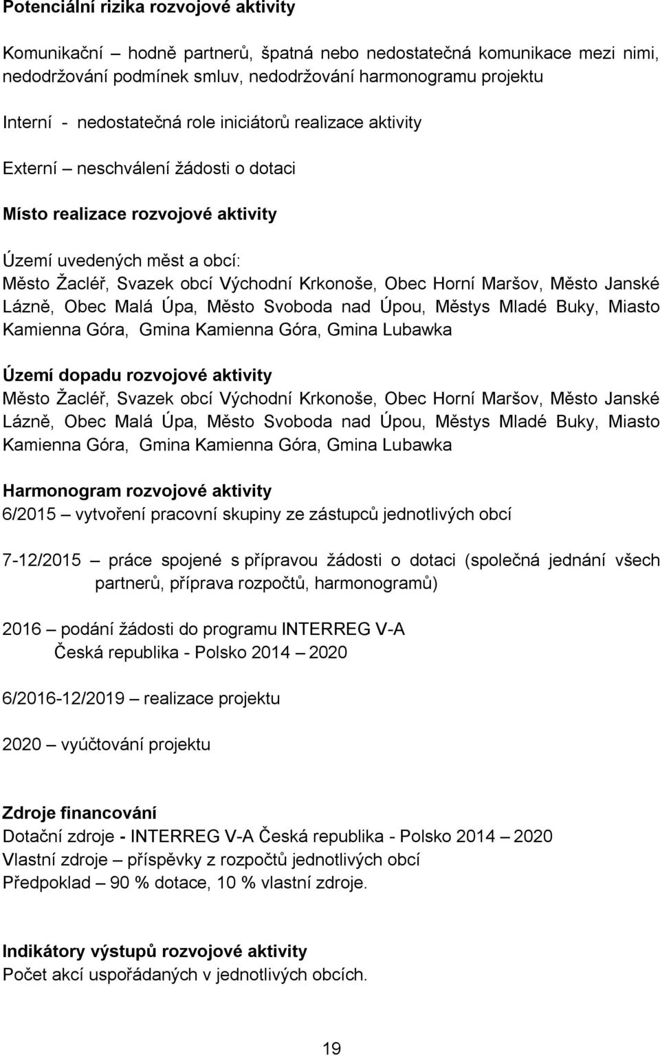 Město Janské Lázně, Obec Malá Úpa, Město Svoboda nad Úpou, Městys Mladé Buky, Miasto Kamienna Góra, Gmina Kamienna Góra, Gmina Lubawka Území dopadu rozvojové aktivity Město Žacléř, Svazek obcí