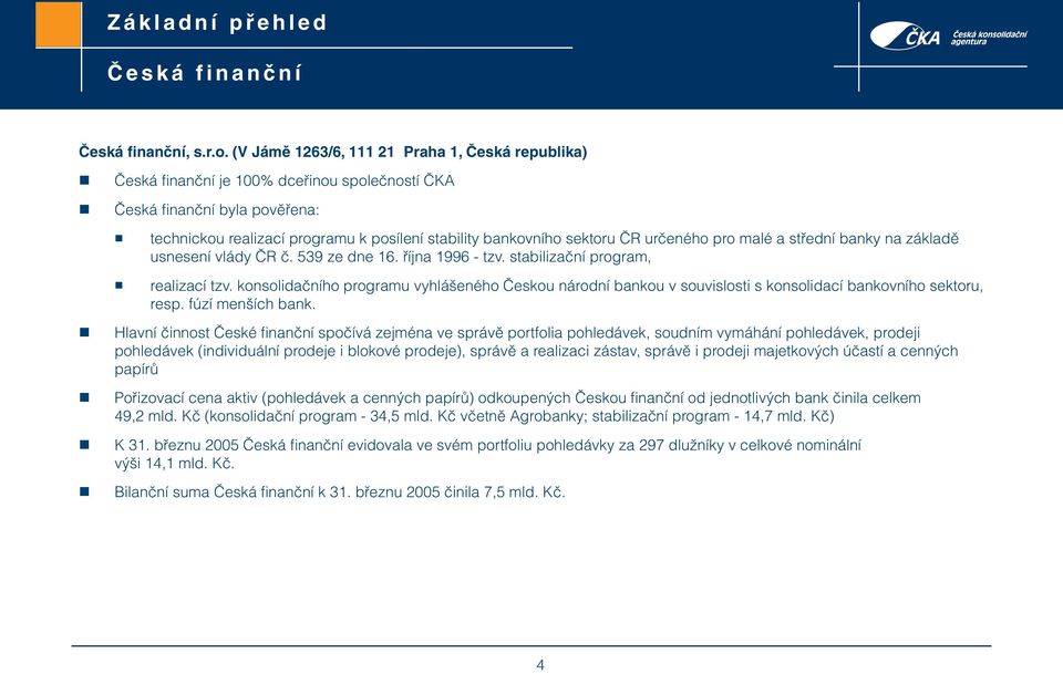 určeného pro malé a střední banky na základě usnesení vlády ČR č. 539 ze dne 16. října 1996 - tzv. stabilizační program, realizací tzv.