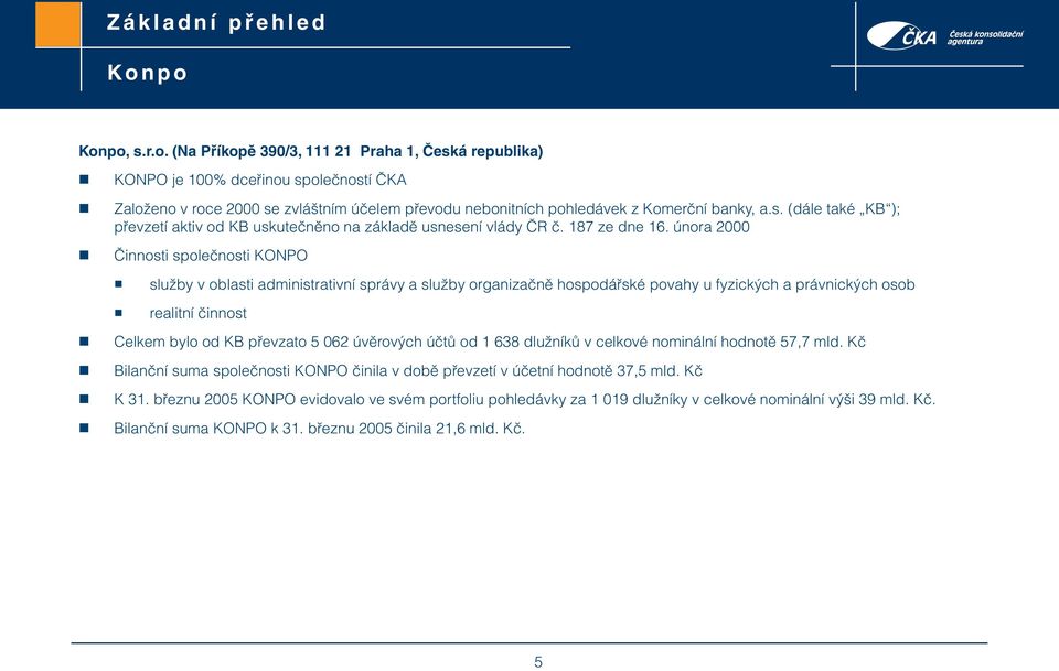 s. (dále také KB ); převzetí aktiv od KB uskutečněno na základě usnesení vlády ČR č. 187 ze dne 16.