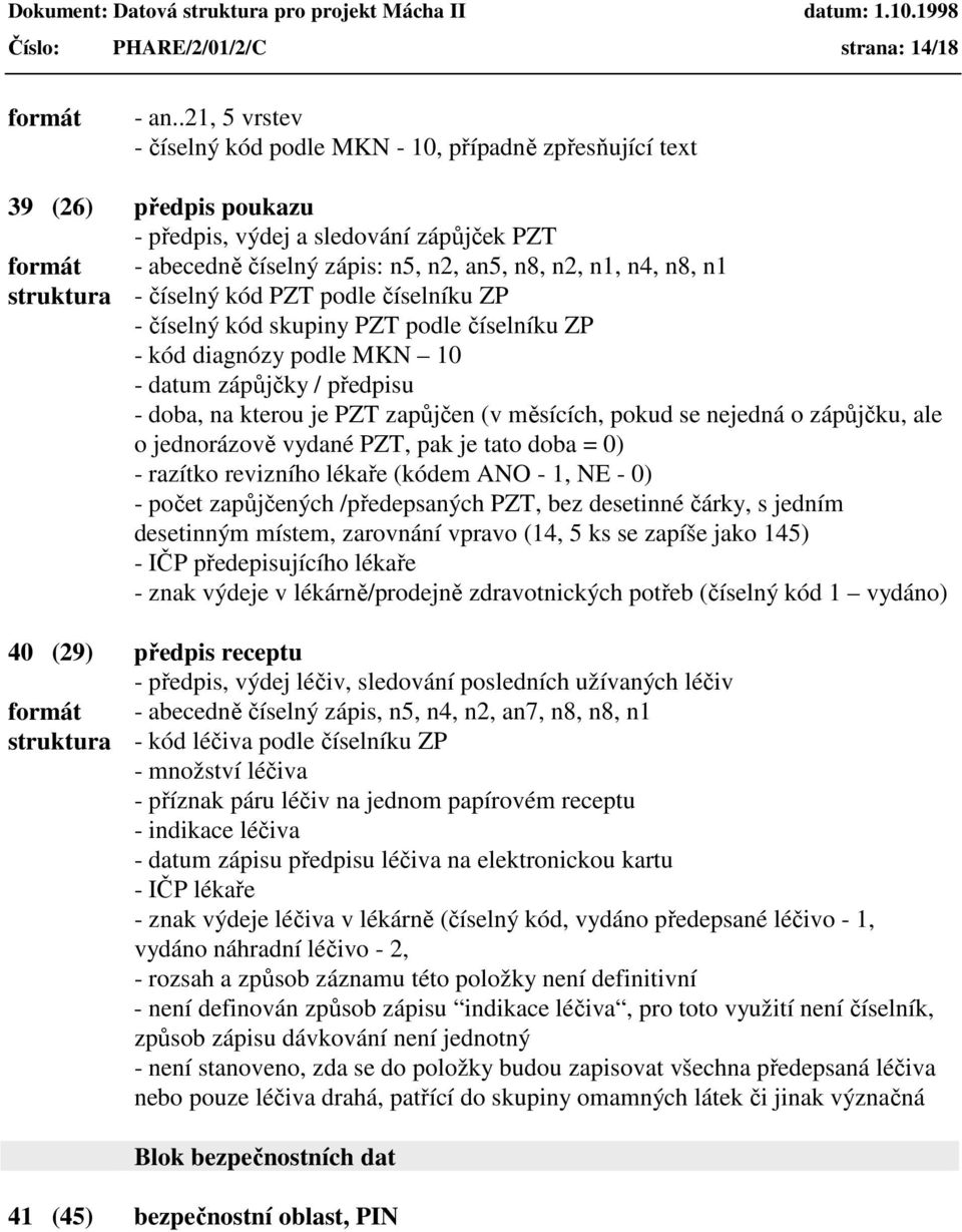 n8, n1 struktura - číselný kód PZT podle číselníku ZP - číselný kód skupiny PZT podle číselníku ZP - kód diagnózy podle MKN 10 - datum zápůjčky / předpisu - doba, na kterou je PZT zapůjčen (v