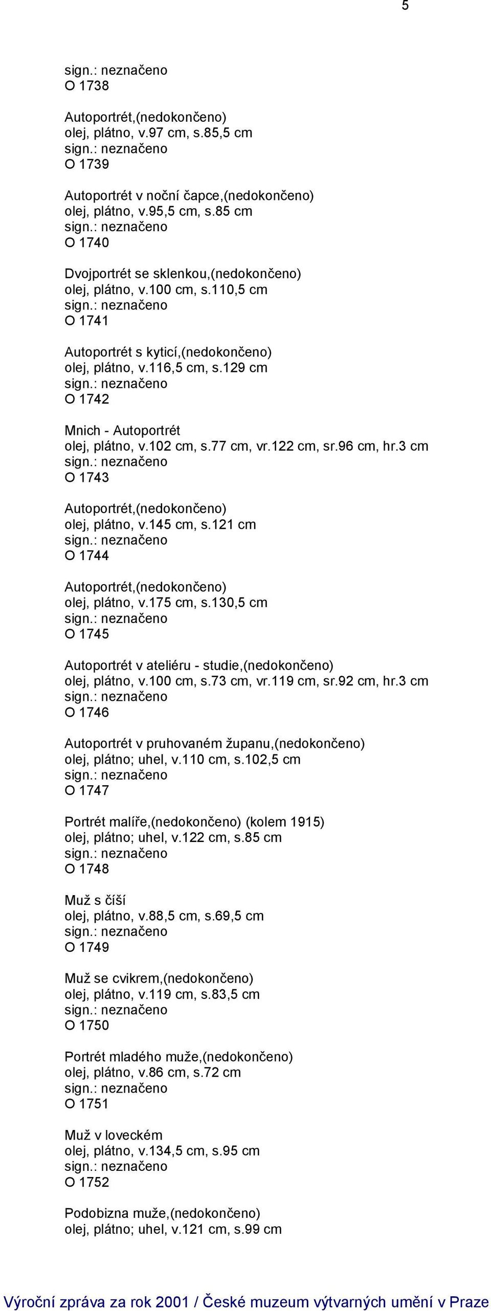 129 cm O 1742 Mnich - Autoportrét olej, plátno, v.102 cm, s.77 cm, vr.122 cm, sr.96 cm, hr.3 cm O 1743 Autoportrét,(nedokončeno) olej, plátno, v.145 cm, s.