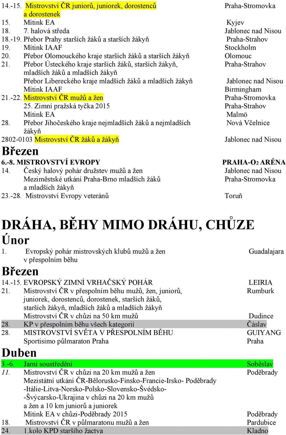 Přebor Ústeckého kraje starších žáků, starších žákyň, Praha-Strahov Přebor Libereckého kraje Jablonec nad Nisou Birmingham 21.-22. Mistrovství ČR mužů a žen Praha-Stromovka 25.