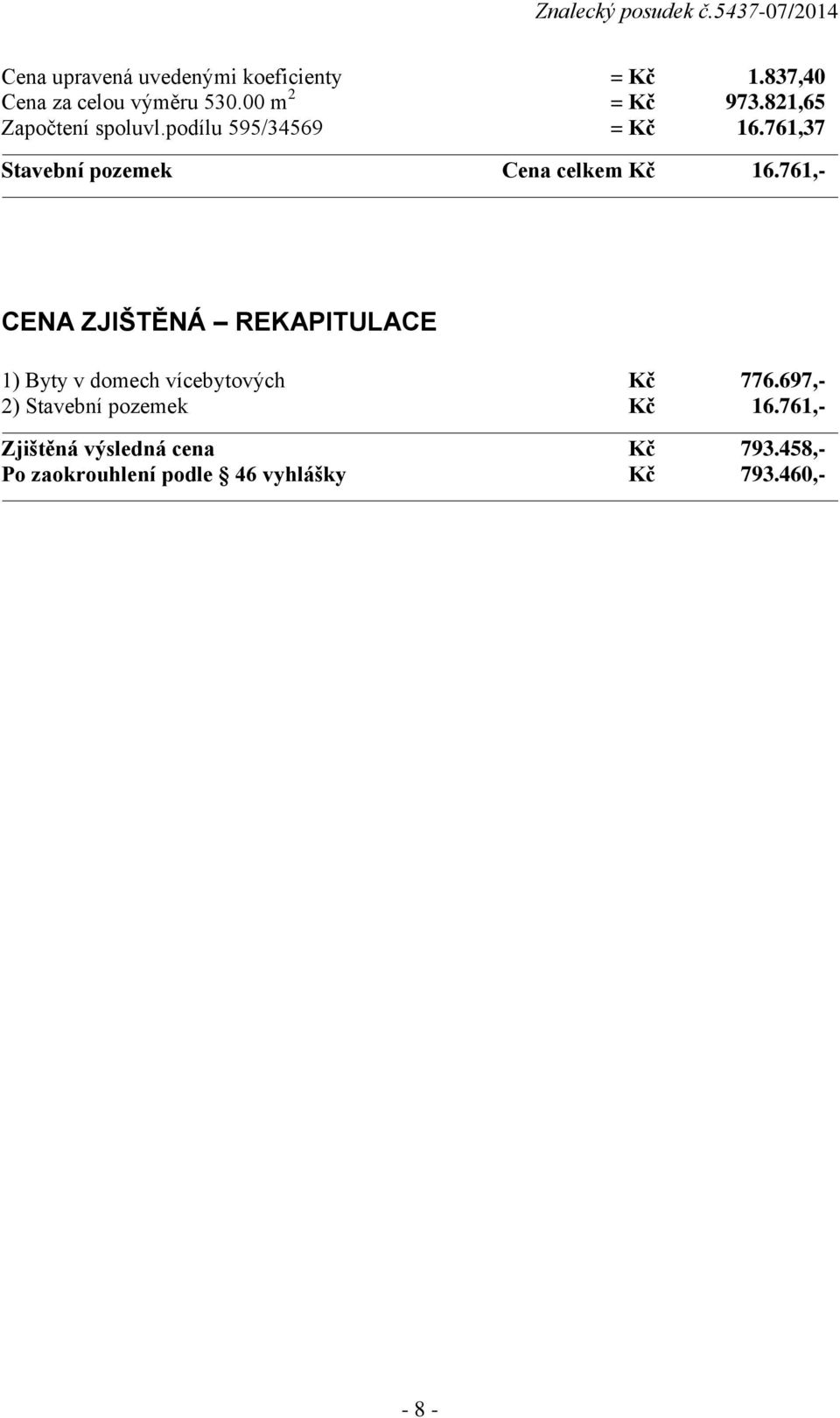 761,- CENA ZJIŠTĚNÁ REKAPITULACE 1) Byty v domech vícebytových Kč 776.