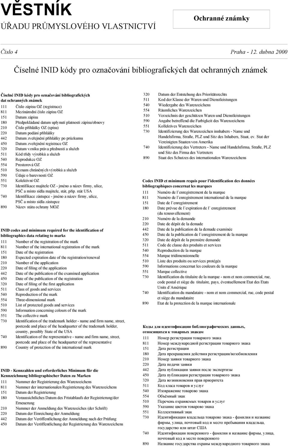 554 510 590 551 730 740 890 Číslo zápisu OZ (registrace) Mezinárodní číslo zápisu OZ Datum zápisu Předpokládané datum uplynutí platnosti zápisu/obnovy Číslo přihlášky OZ (spisu) Datum podání