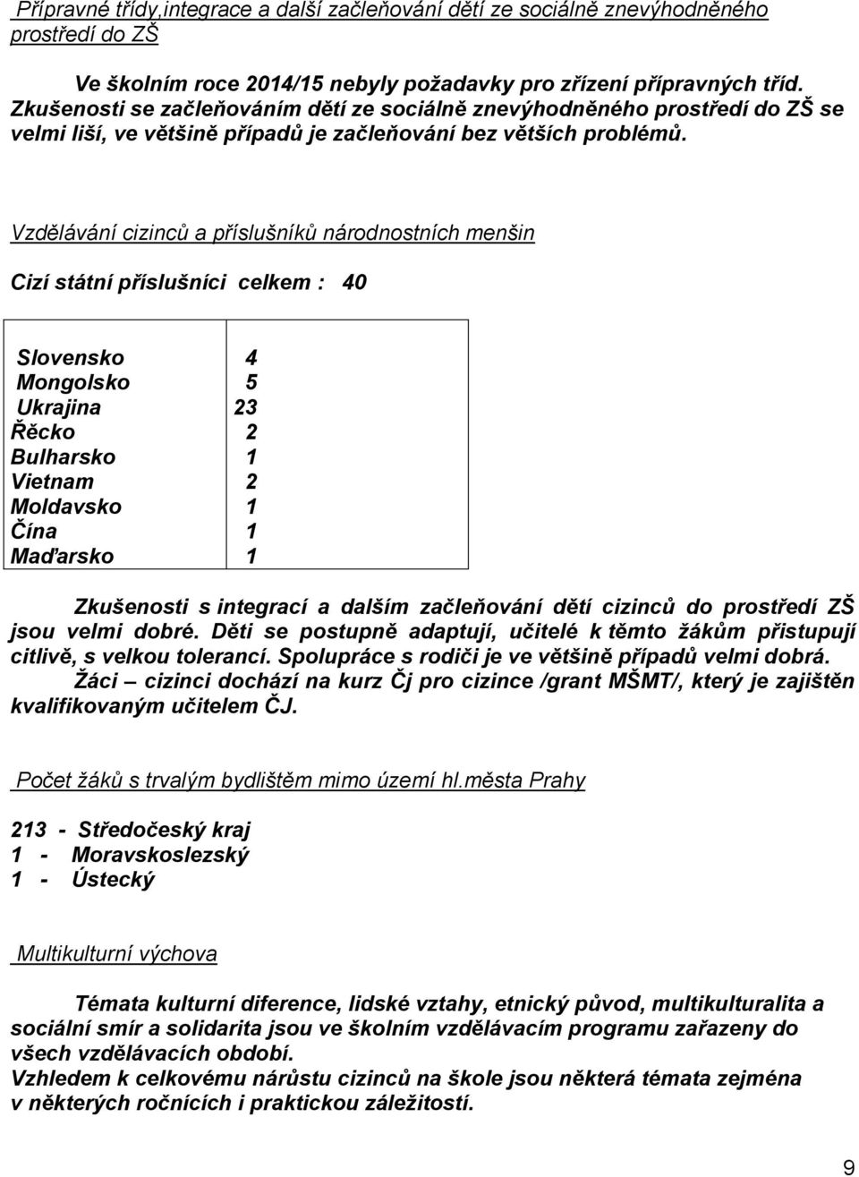 Vzdělávání cizinců a příslušníků národnostních menšin Cizí státní příslušníci celkem : 40 Slovensko Mongolsko Ukrajina Řěcko Bulharsko Vietnam Moldavsko Čína Maďarsko 4 5 23 2 1 2 1 1 1 Zkušenosti s