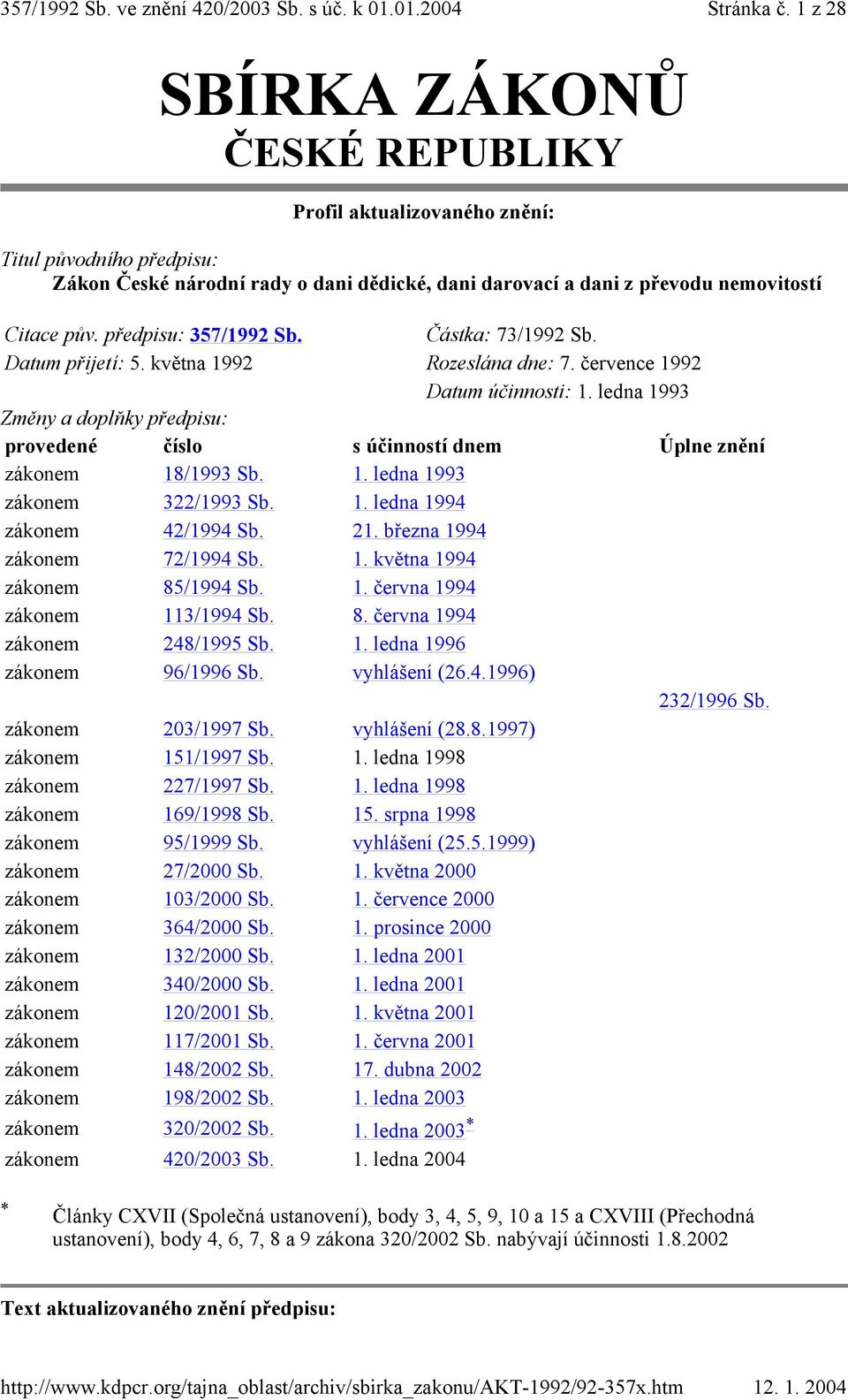 předpisu: 357/1992 Sb. Částka: 73/1992 Sb. Datum přijetí: 5. května 1992 Rozeslá na dne: 7. července 1992 Datum účinnosti: 1.