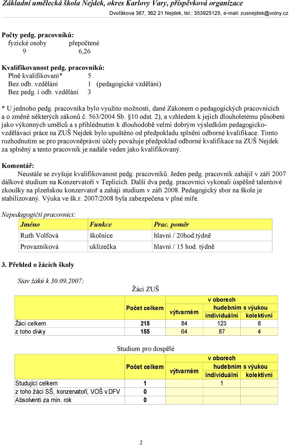 2), a vzhledem k jejich dlouholetému působení jako výkonných umělců a s přihlédnutím k dlouhodobě velmi dobrým výsledkům pedagogickovzdělávací práce na ZUŠ Nejdek bylo upuštěno od předpokladu splnění