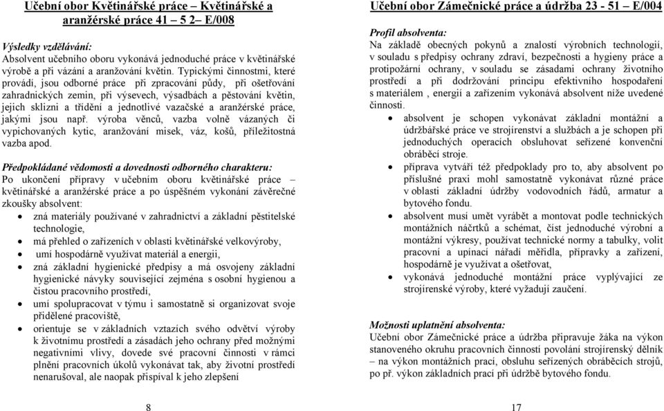 vazačské a aranžérské práce, jakými jsou např. výroba věnců, vazba volně vázaných či vypichovaných kytic, aranžování misek, váz, košů, příležitostná vazba apod.