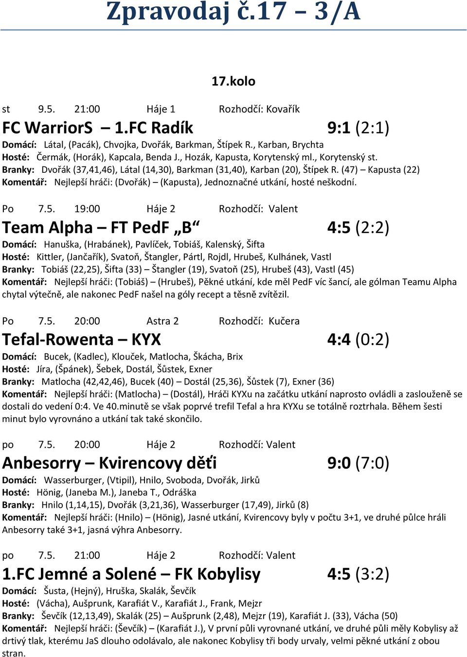 (47) Kapusta (22) Komentář: Nejlepší hráči: (Dvořák) (Kapusta), Jednoznačné utkání, hosté neškodní. Po 7.5.