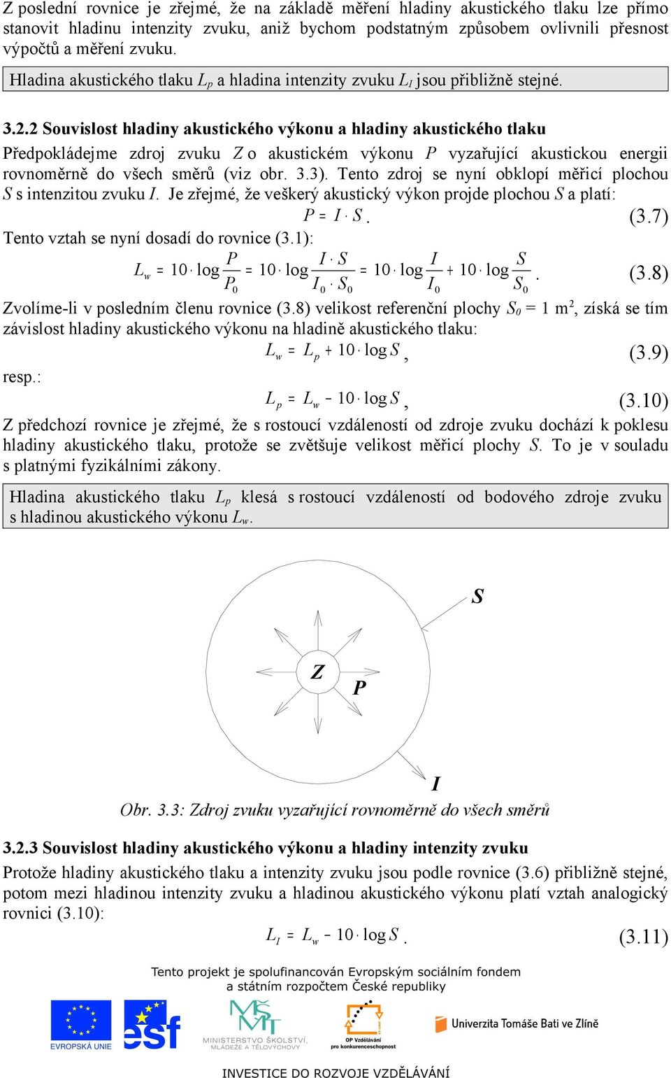 . Souvislost hladiy akustického výkou a hladiy akustického tlaku Předokládejme zdroj zvuku Z o akustickém výkou P vyzařující akustickou eergii rovoměrě do všech směrů (viz obr. 3.3).