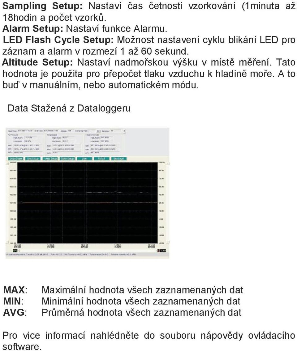 Altitude Setup: Nastaví nadmořskou výšku v místě měření. Tato hodnota je použita pro přepočet tlaku vzduchu k hladině moře.