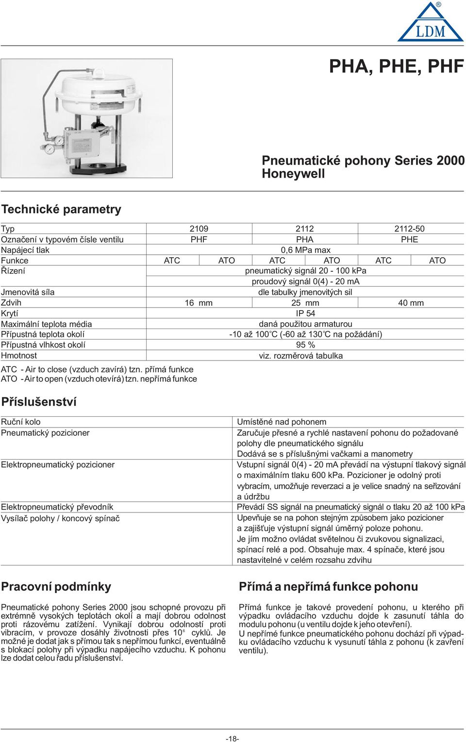 nepøímá funkce 09-50 PHF PHA PHE 0,6 MPa max ATO ATC ATO ATC pneumatický signál 0-00 kpa prudvý signál 0() - 0 ma dle tabulky jmenvitých sil 5 mm 0 mm IP 5 daná pu itu armaturu -0 a 00 C (-60 a 0 C