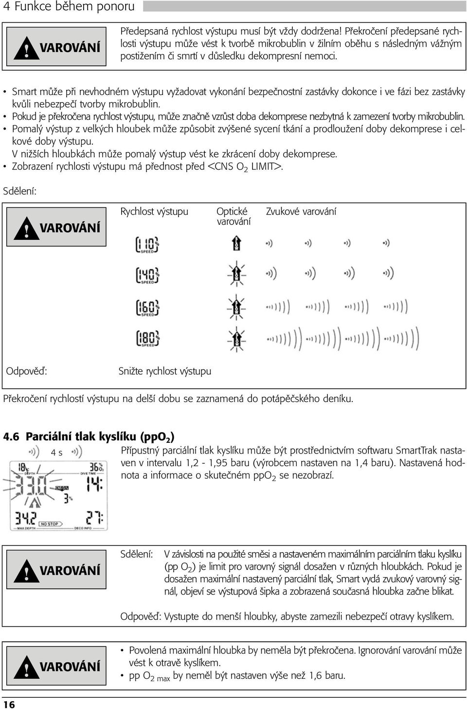 Smart může při nevhodném výstupu vyžadovat vykonání bezpečnostní zastávky dokonce i ve fázi bez zastávky kvůli nebezpečí tvorby mikrobublin.