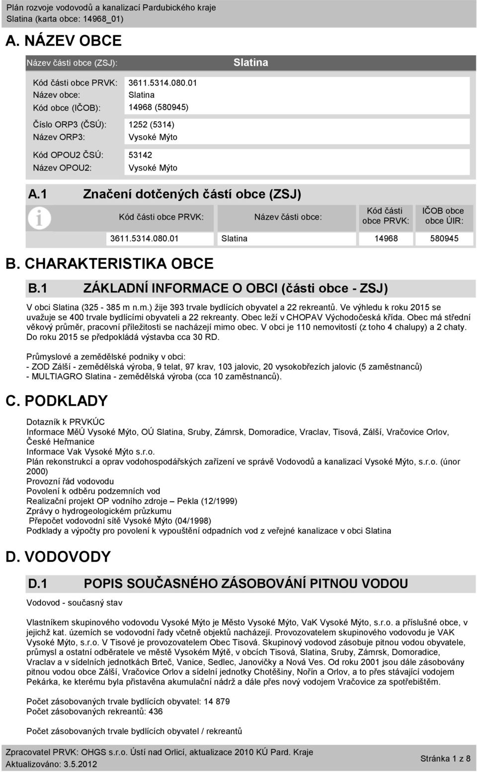 1 Značení dotčených částí obce (ZSJ) Kód části obce PRVK: Název části obce: Kód části obce PRVK: IČOB obce obce ÚIR: B. CHARAKTERISTIKA OBCE B.