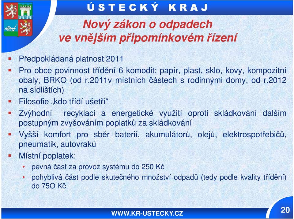 2012 na sídlištích) Filosofie kdo třídí ušetří Zvýhodní recyklaci a energetické využití oproti skládkování dalším postupným zvyšováním poplatků za