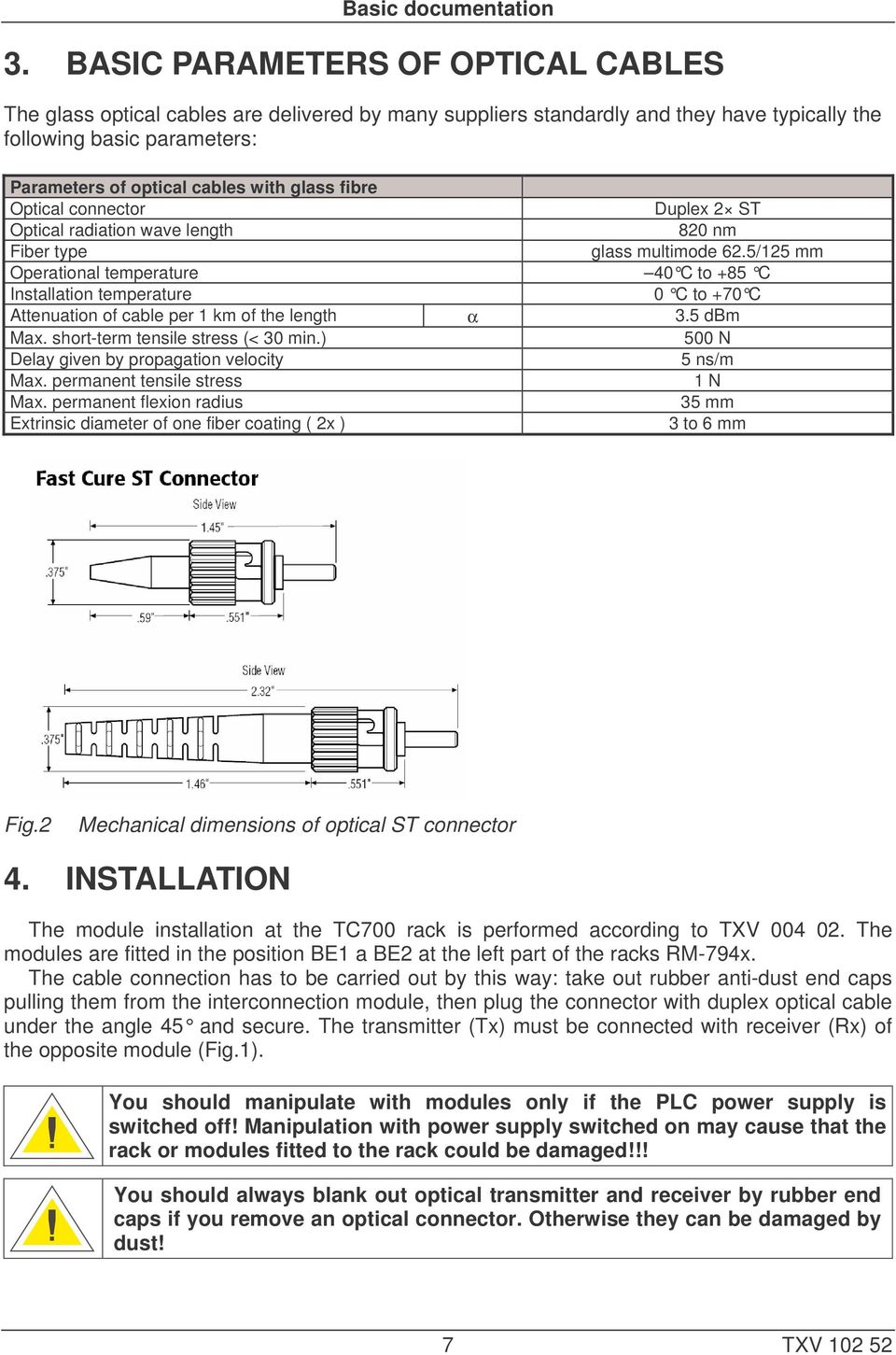 fibre Optical connector Duplex 2 ST Optical radiation wave length 820 nm Fiber type glass multimode 62.