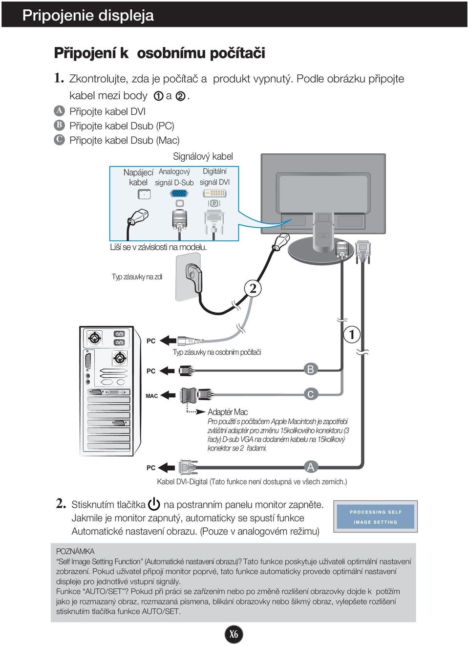 Typ zásuvky na zdi PC Typ zásuvky na osobním poãítaãi PC MAC B c Adaptér Mac Pro pouïití s poãítaãem Apple Macintosh je zapotfiebí zvlá tní adaptér pro zmûnu 15kolíkového konektoru (3 fiady) D-sub