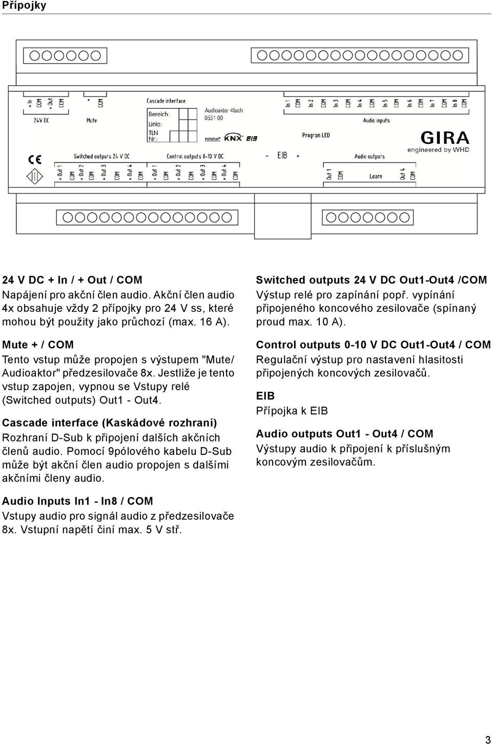 Cascade interface (Kaskádové rozhraní) ozhraní D-Sub k připojení dalších akčních členů audio. Pomocí 9pólového kabelu D-Sub může být akční člen audio propojen s dalšími akčními členy audio.