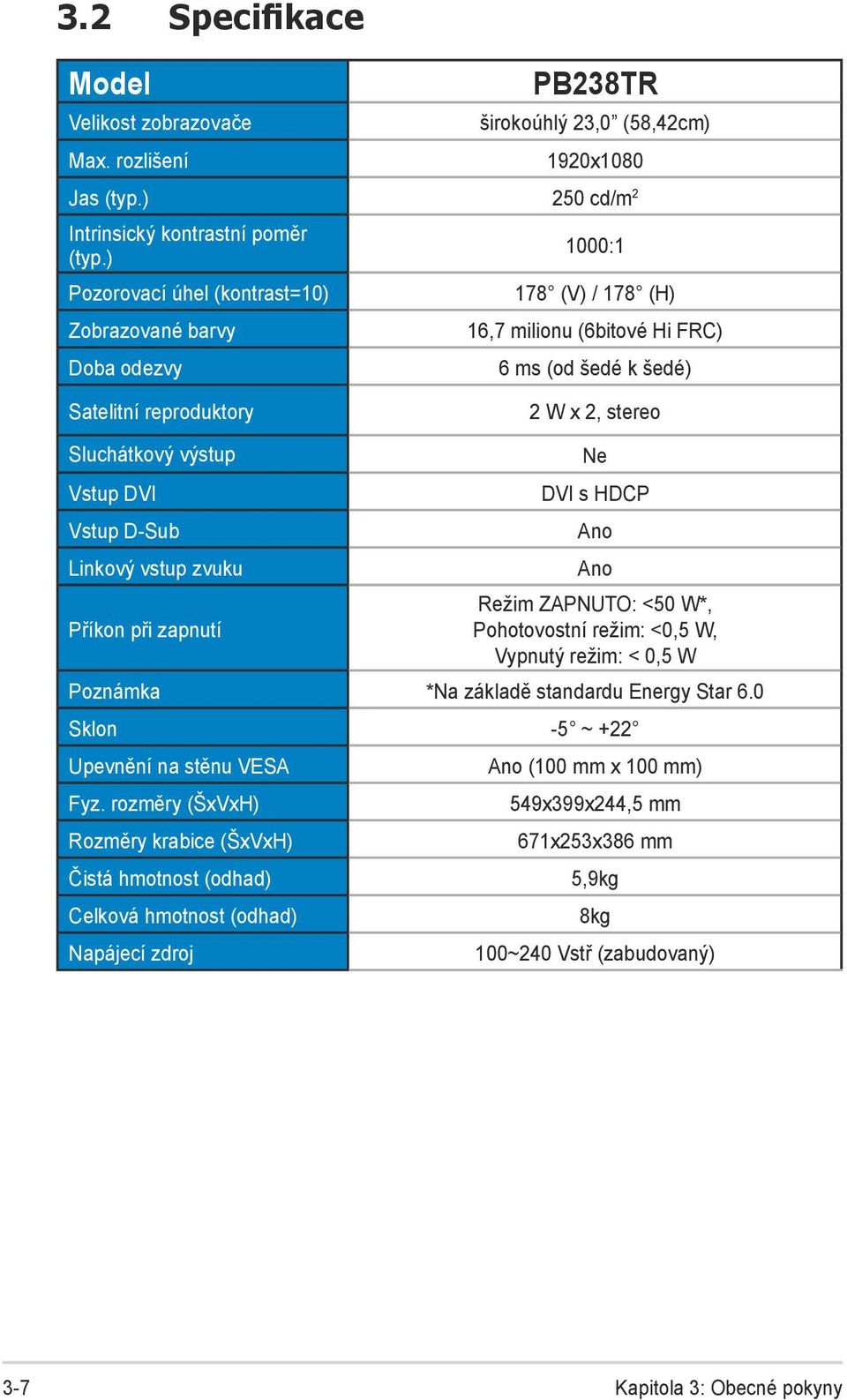 Vstup DVI Vstup D-Sub Linkový vstup zvuku Příkon při zapnutí Ne DVI s HDCP Ano Ano Režim ZAPNUTO: <50 W*, Pohotovostní režim: <0,5 W, Vypnutý režim: < 0,5 W Poznámka *Na základě standardu Energy Star