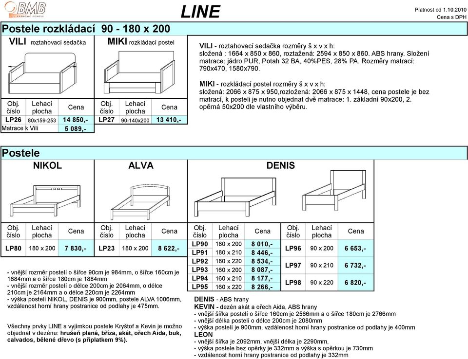 LP26 80x159-253 14 850,- LP27 90-140x200 13 410,- Matrace k Vili 5 089,- MIKI - rozkládací postel rozměry š x v x h: složená: 2066 x 875 x 950,rozložená: 2066 x 875 x 1448, cena postele je bez