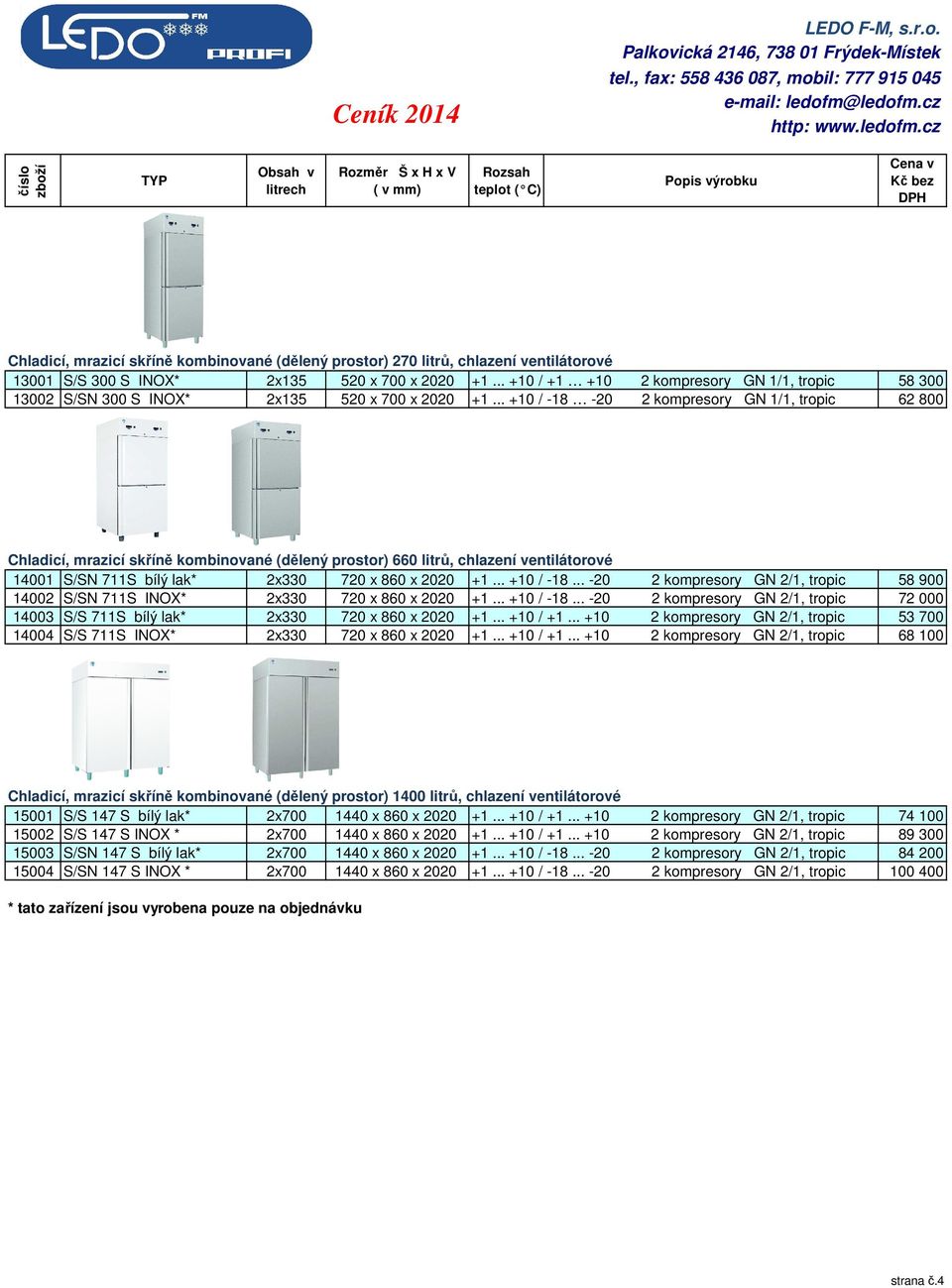 .. +10 / -18-20 2 kompresory GN 1/1, tropic 62 800 Chladicí, mrazicí skříně kombinované (dělený prostor) 660 litrů, chlazení ventilátorové 14001 S/SN 711S bílý lak* 2x330 720 x 860 x 2020 +1.