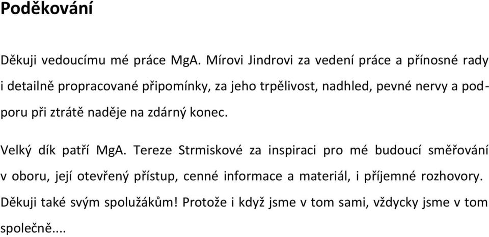 pevné nervy a podporu při ztrátě naděje na zdárný konec. Velký dík patří MgA.