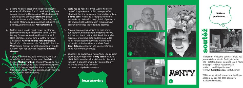 Oceňovaný text Bernarda Malamuda zdramatizoval, exluzivně pro Bezruče, známý dramatik Arnošt Goldflam. Přelom jara a léta je velmi výživný po stránce prestižních divadelních festivalů.