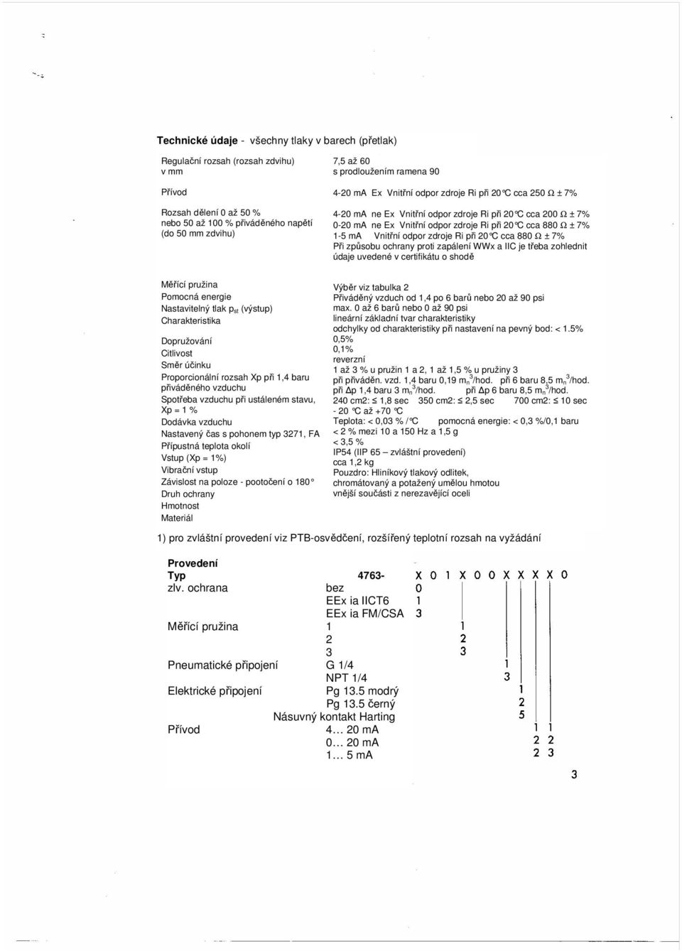 Vnitřní odpor zdroje Ri při 20 C cca 880 Ω ± 7% Při způsobu ochrany proti zapálení WWx a IIC je třeba zohlednit údaje uvedené v certifikátu o shodě Měřící pružina Pomocná energie Nastavitelný tlak